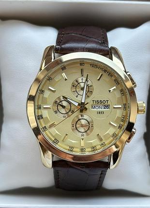 Топ! мужские часы tissot золотого цвета на ремне коричневого цвета