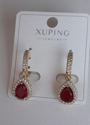Сережки жіночі з червоним каменем краплинка xuping g-101
