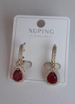 Сережки жіночі з червоним каменем краплинка позолота xuping g-101