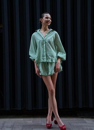 Оверсайз-женский летний костюм с рюшами для лета муслин в тоненькую полоску