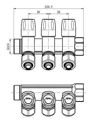 Коллектор ital 3 вых. ник. 3/4"x16*2 с рег. вентилями + переход под нг (it03-105a1)an30изнанд