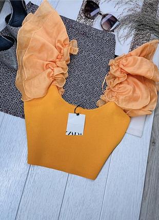 Нова літня блуза zara m s коротка блуза з об’ємними шифоновими рукавами в’язана блуза зара