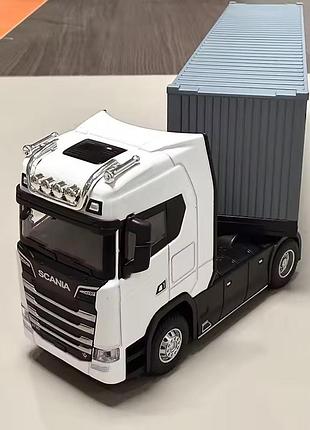 Машинка контейнеровоз scania. металлическая машинка. белый