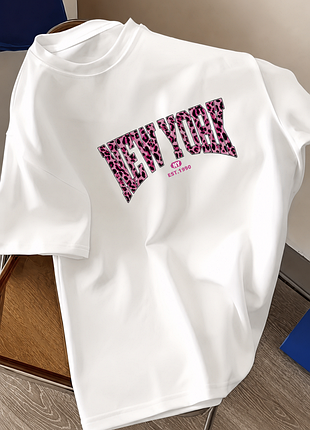 Біла футболка oversize new york з леопардовим принтом xl