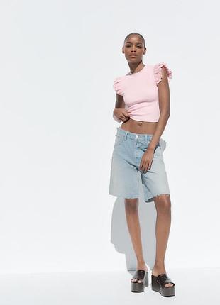 Жіноча рожева футболка топ з рюшами на рукавах в рубчик zara розмір s