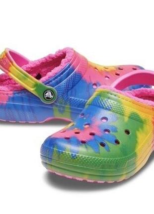 Crocs сабо на меху клоги утепленные подростковые детские lined kids tie die
