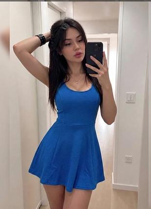 Летнее платье💙ярко-синее летнее платье h&amp;m 💙 платье мини на бретелях с пышной юбкой 🌊 эластичный трикотажный сарафан солнце клэш
