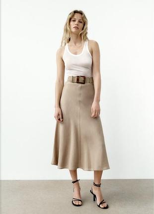 Спідниця міді льон жіноча zara пісочна однотонна розмір l