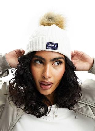 Жіноча в’язана шапка superdry cable lux з помпоном, one size