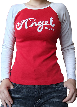 Красный голубой винтажный лонгслив реглан angel y2k deadstock хлопковая кофта с белыми рукавами 90s alt coquette размер s m лонг