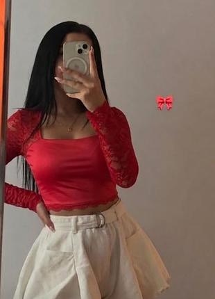Блузка с кружевом❤️эластичный гипюр 💋 красная кружевная кофточка 🌹 кроп-топ с длинным рукавом ❤️ нарядная блуза лонгслив