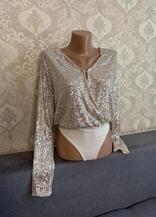 Боді h&m з паєтками сріблясте xs | святковий боді з довгим рукавом