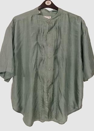 Шовкова вінтажна жіноча сорочка  блузка fuzi silks , пог 64см/р. xl /52-54 оверсайз  батал оливкова хакі