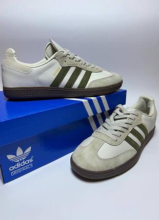 Кросівки чоловічі adidas samba білі з зеленими смужками