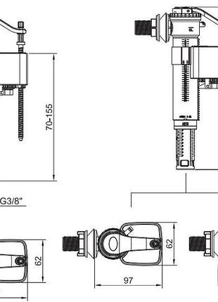 Комплект механизма бачка унитаза gappo g1890.03 подкл. 3/8", подвод нижний, боковой, 2-х режимный