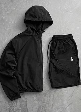 Комплект polo ralph lauren черный из плащевки, ветровка и шорты поло ральф лорен на лето, легкий костюм оверсайз для мужчин xl