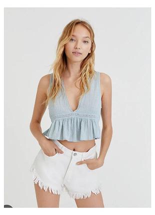 Топ pull&bear бавовняний мусліновий з воланом м'ятний m-l