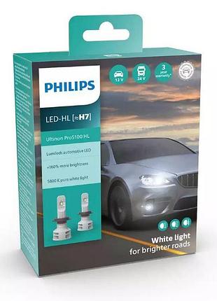 Лампа led h7 радіатор 24w/5000lm/5800k ultinon pro5100 + 160% ip67/8-48v "philips" 12 міс. гарантії