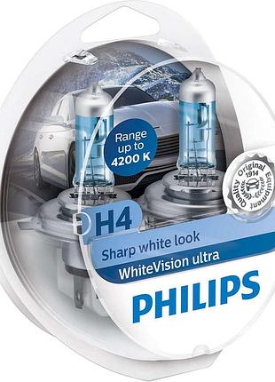 Лампа 12v h4 60/55w 4200k + 60% white vision ultra + w5w blue 2шт "philips" (box-2шт) (12342wvusm)
