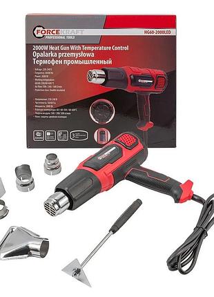 Фен промисловий 2000w 50/60hz 60/350/600°c 50/300/500l/min "forcekraft" hg60-2000led