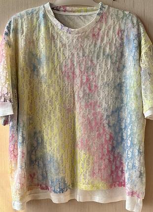 Жіноча футболка christian dior oblique tie-dye (радужна сітка) l