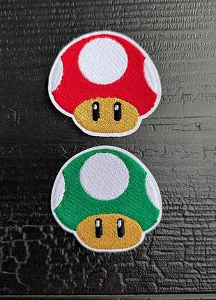 Термонашивка на одежду супер братья марио супергриб тканевая нашивка super mario bros mushroom nintendo патч красный мухомор зелёный гриб
