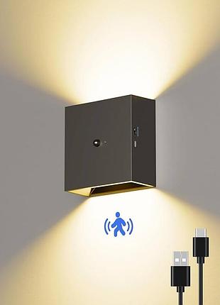 Настенный led светильник suright wl325-bk с датчиком движения, аккумуляторный, usb type-c, черный