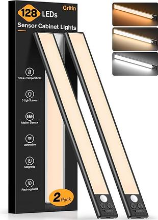 Светильник led gritin g1358 с датчиком движения, аккумуляторный, 128 led, 3 режима света, usb-c, 37,5 см, 2 шт