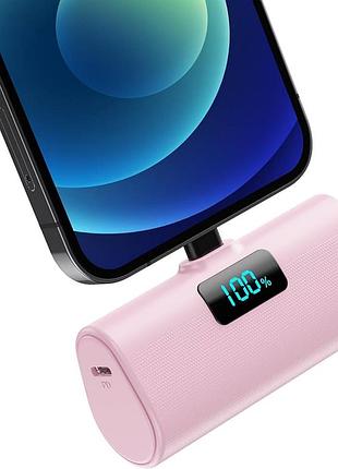 Мини повербанк 5200 mah для iphone с lightning коннектором, компактный power bank с цифровым дисплеем, розовый