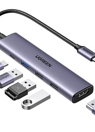Usb-c хаб ugreen 5-в-1 з hdmi 4k, 3×usb-a, pd 100w