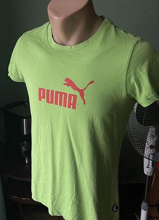 Футболка puma неонова салатова з великим червоним логотипом — m, оригінал