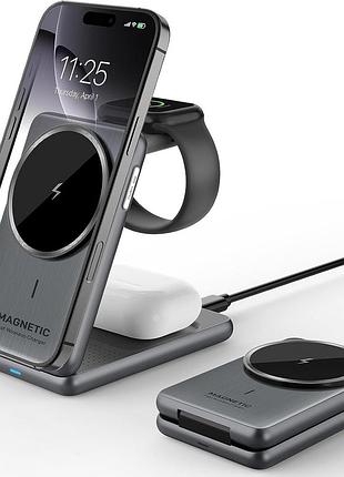 Магнітна бездротова зарядна станція 3-в-1 w03 foldable 15w для iphone, apple watch та airpods | нова