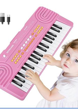 Дитячий електронний синтезатор 37 клавіш keyboard з ритмами та записом (pink)