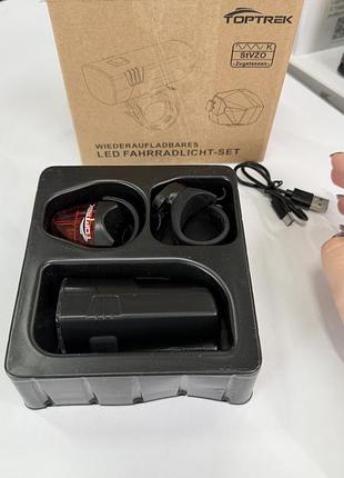 Велосипедний led ліхтар toptrek 1053+t37 usb rechargeable комплект передній і задній ipx5