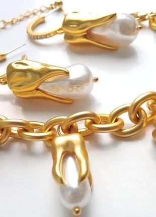 Золотой комплект украшений "golden molar pearl" - сюрреалистичные серьги и браслет с перлами | позолота 18к | premium, подарок, тренд
