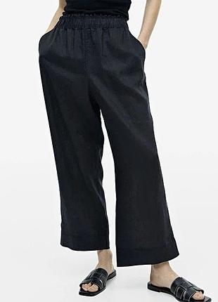 H&m черные широкие брюки летние лён хлопок на резинке укороченные пляжные