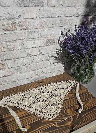 Детская ажурная вязаная косынка-бандана крючком из хлопка, айвори, ручная работа