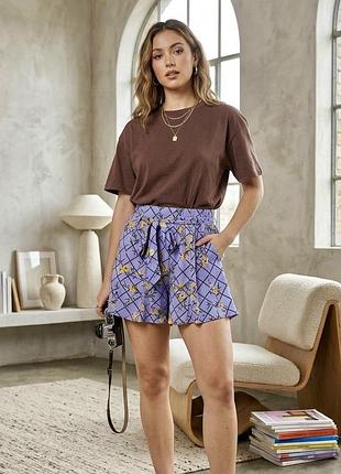 Forever21 жіноча блакитні шорти висока посадка у клітинку з принтом квітів babydoll на літо весну з поясом завʼязкою з рюшами натуральні шовк віскоза