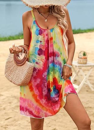 Пляжная туника-сетка shein / яркий мини-сарафан tie-dye