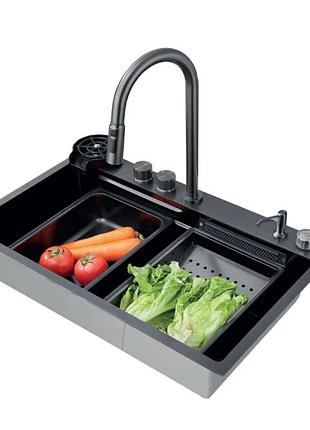Мойка zerix zh7546-set-01 nano-black со встроенным смесителем (zm5575)
