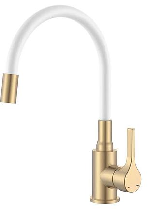 Смеситель для кухни zerix rex-011 brushed gold refl.white с нерж.стали (колир мат.золото+силик.вылив белый) (zx6134)