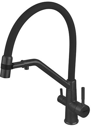 Змішувач для кухні zerix mag-021 black refl.black з силіконовим виливом, з нерж.сталі sus304 з виходом для питної води (колір