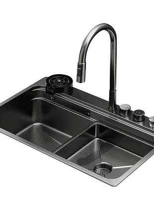Мойка zerix zh7548-set-03 nano-black со встроенным смесителем с нерж. стали (zm5577)