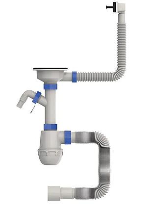 Сифон для кухні mixxus sk-05-bl 3 1/2"x40 з пластиковою сіткою, відведенням для пральної машини, гнучким прямок. переливом