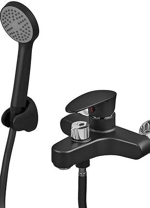 Смеситель для ванны plamix cezar-009 euro set matte black, со шлангом, лейкой и кронштейном (pm0693)