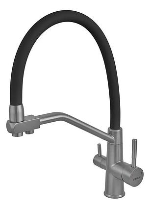 Змішувач для кухні zerix ful-021 graphite refl.black з силіконовим виливом, з нерж.сталі sus304 з виходом для питної води (колір