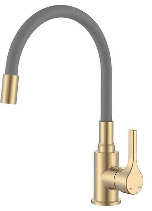 Змішувач для кухні zerix rex-011 brushed gold refl.grey з нерж. сталі (колір матове золото+силіконовий вилив сірий) (zx6133)