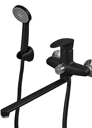 Смеситель для ванны plamix cezar-006 euro set matte black, со шлангом, лейкой и кронштейном (pm0690)