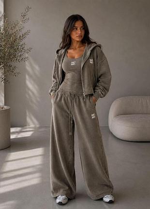 Жіночий спортивний костюм-трійка oversize з худі, футболкою та широкими штанами варенка хакі, 46