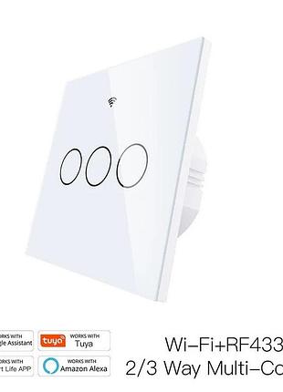Смарт wi-fi / rf433 / сенсорный выключатель освещения moesgo (moes) на три линии. управление со смартфона, пульта ду и вручную